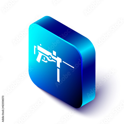 Isometric Submachine gun M3, Grease gun icon isolated on white background. Blue square button. Vector