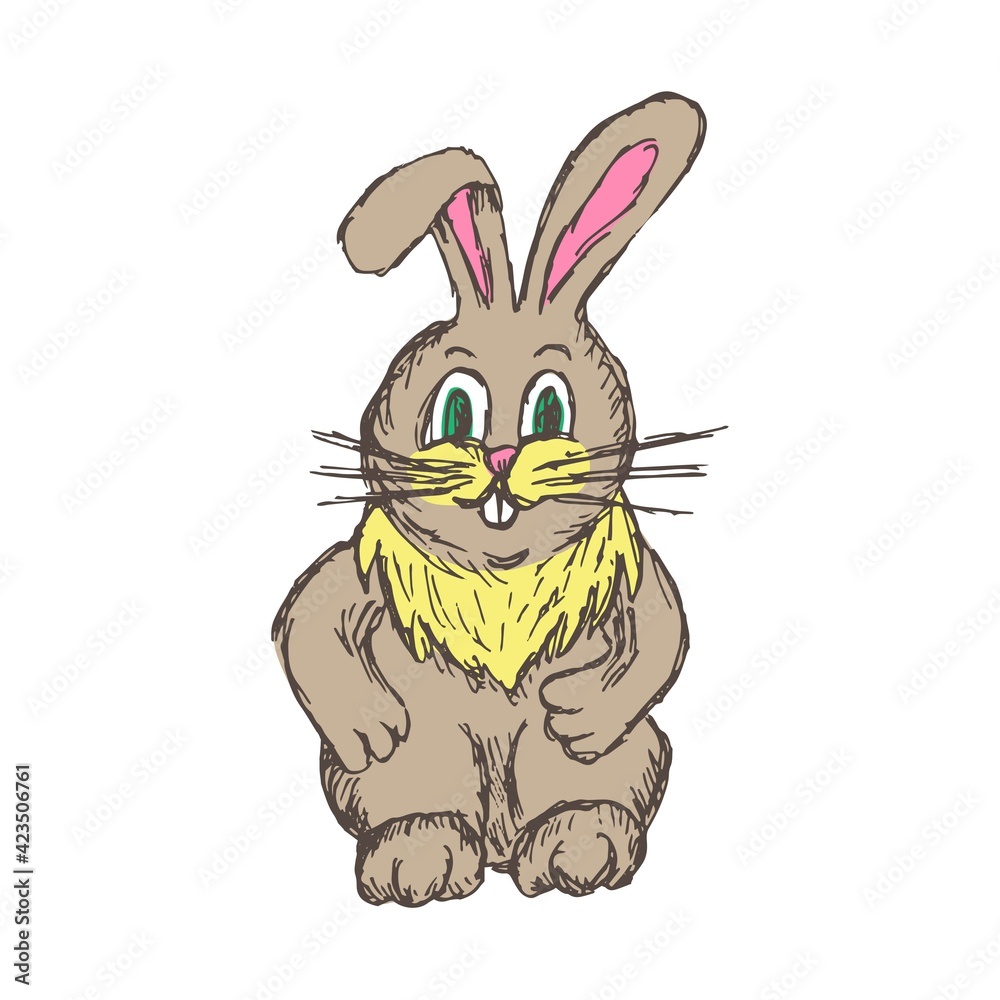 Obraz premium Grunge rough clipart of standing brown rabbit isolated on white background. Cute easter character. Hand-drawn shaded drawing. Cartoon kids animal doodle