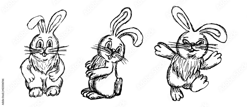 Set of hand-drawn black and white sketches of cute easter bunny in  different poses. Rough linear freehand pencil drawing of a funny cartoon  character Stock Vector | Adobe Stock