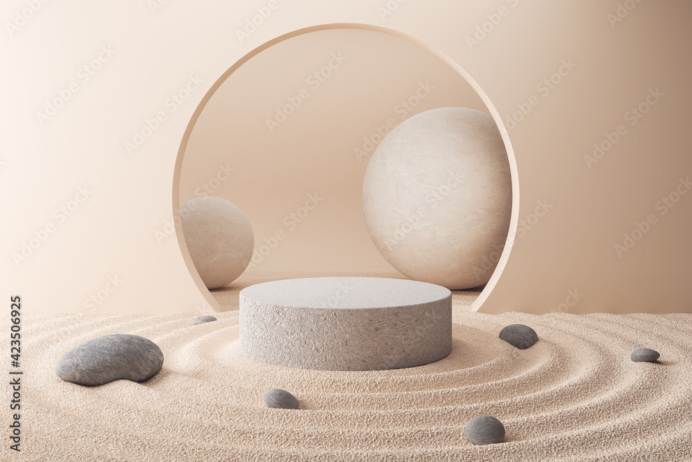 Cosmetic background for product presentation, podium display on Zen circle pattern in sand, 3d rendering. - obrazy, fototapety, plakaty 
