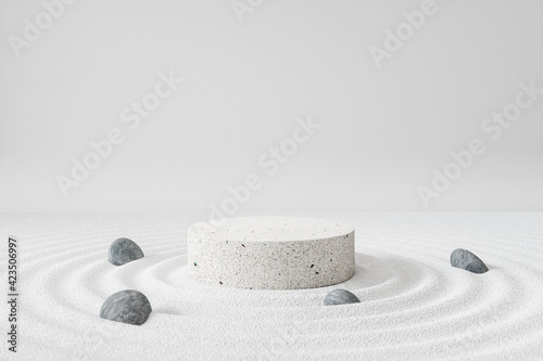 Photography Cosmetic background for product presentation, white stone podium display on Zen