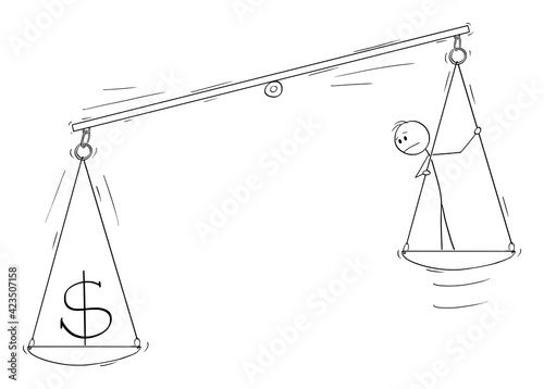 Money and Person on Scale, Human Capital Concept, Vector Cartoon Stick Figure Illustration