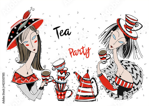 Tea party. Girls friends drink tea. Art Nouveau style. Modigliani art. Vector