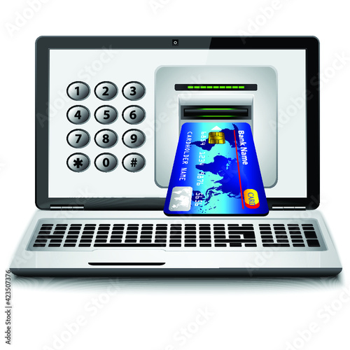 E-commerce. Laptop and credit card on white isolated background. 3d
