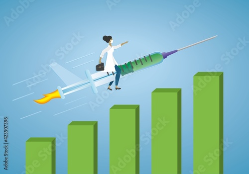 Woman rides on vaccine syringe rocket. Numbers of vaccinations is going up. Vector illustration. EPS10.