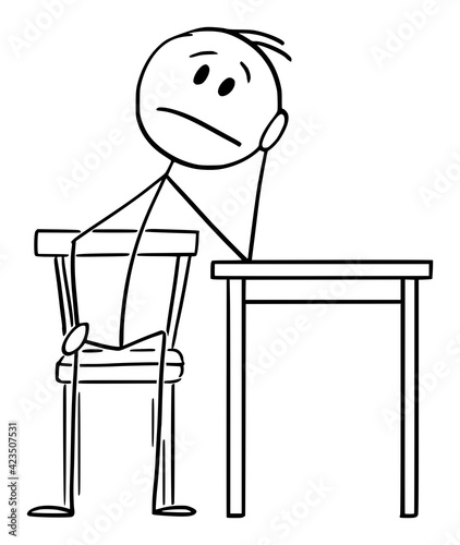 Tired or Depressed Man Sitting at Home on Chair and Thinking, Vector Cartoon Stick Figure Illustration