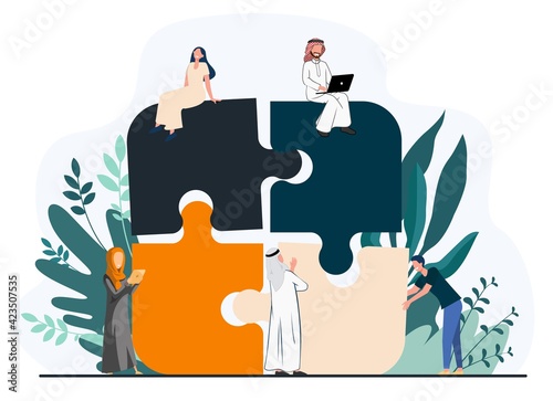 Business team putting together jigsaw puzzle isolated flat vector illustration. Cartoon partners working in connection. Teamwork, partnership and cooperation concept