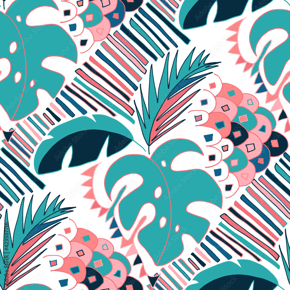 Seamless vector pattern with abstract doodles. Bright summer print. Trendy colorful background. Geometric doodles and leaves.	