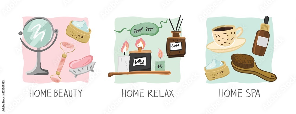 Set of home spa beauty posters. Face and body care symbols are isolated on a colored background. Cosmetics and elements for home relax procedures for women in sketch style. Cartoon vector illustration