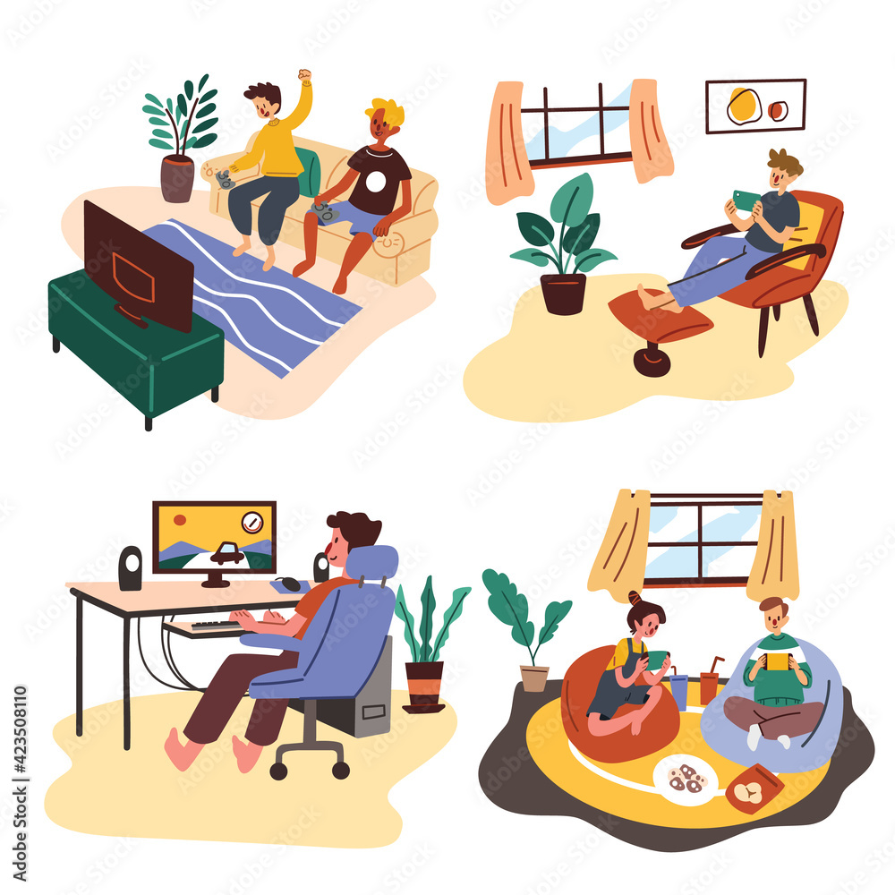 Vetor do Stock: Set of happy people playing game console, mobile game ...
