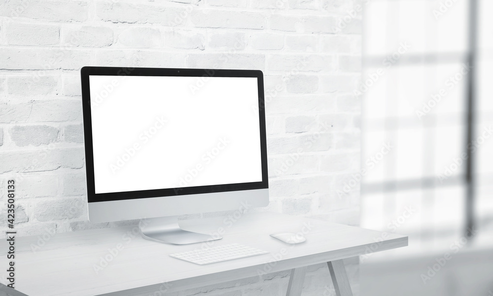 Coputer display on office desk with isolated screen in white for app or web page presentation mockup