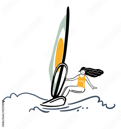 Windsurfing woman hand drawn outline doodle icon.Windsurfer and sea, extreme sport, surfing and sail concept. Vector sketch illustration for print, web, mobile and infographics on white background.