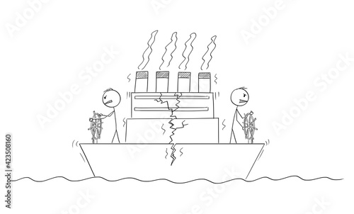 Two Ship Captains or Steersmen Are Steering Ship in Opposite Directions, Boat is Cracking. Vector Cartoon Stick Figure Illustration