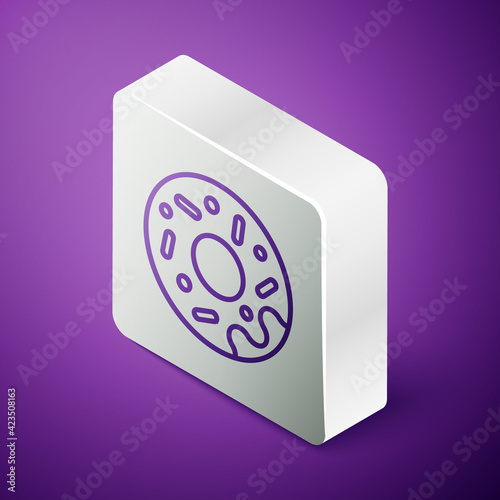 Isometric line Donut with sweet glaze icon isolated on purple background. Silver square button. Vector