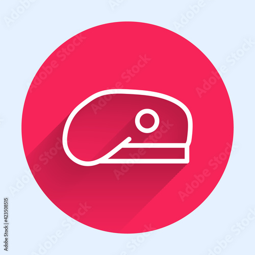 White line Military beret icon isolated with long shadow. Soldiers cap. Army hat. War baret. Red circle button. Vector
