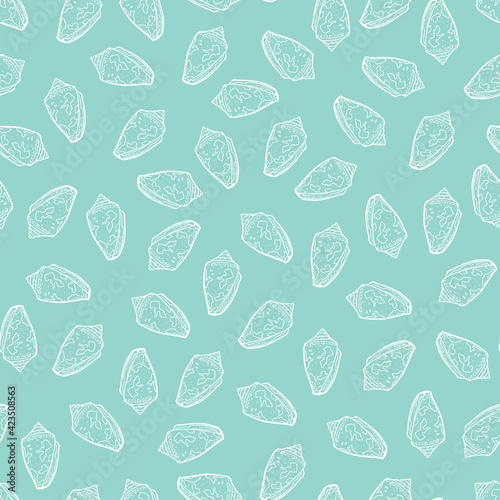 Vector pastel blue conch scattered seashells repeat pattern. Suitable for gift wrap, textile and wallpaper.