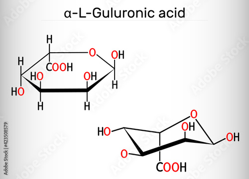 Guluronic acid molecule. Alginate is composed of mannuronic acid and guluronic acid. Structural chemical formula photo