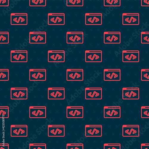 Red line Web design and front end development icon isolated seamless pattern on black background. Vector