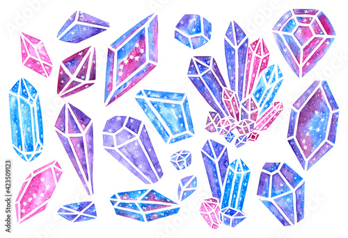 Galaxy watercolor crystals; pink blue and purple hand painted elements.
