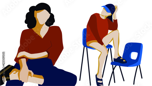 Set of two young woman . Abstract women in casual clothing and sunglasses. No face. Red, blue and yellow colours, isolated images, white background. Two women spend free time together, vector.