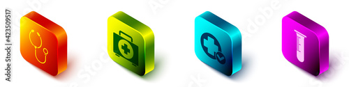 Set Isometric Stethoscope, First aid kit, Cross hospital medical and Test tube and flask icon. Vector