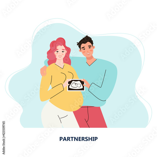 Flat illustration about pregnancy and partner birth. Young pregnant woman with husband. A man takes care and hugs his wife. Ultrasound scan of baby. Shot of scanning pregnant woman. Medical diagnosis 