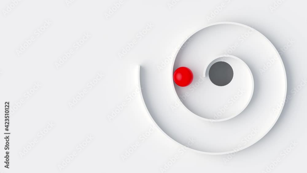 Red ball roll through swirl maze, bounce from walls and reach hole. Concept of achievement, reaching goals. 3d render