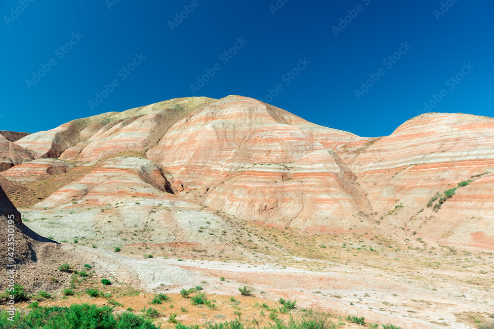 Fototapeta premium Cross-bedding in Candy Cane Mountains in Azerbaijan. Colorful stripes of the hills. Shale striped mountains.