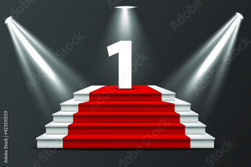Illuminated podium. floor red carpet to white podium  spotlights. hollywood movie premiere  vip celebrity lifestyle. Eps 10 vector illustration.