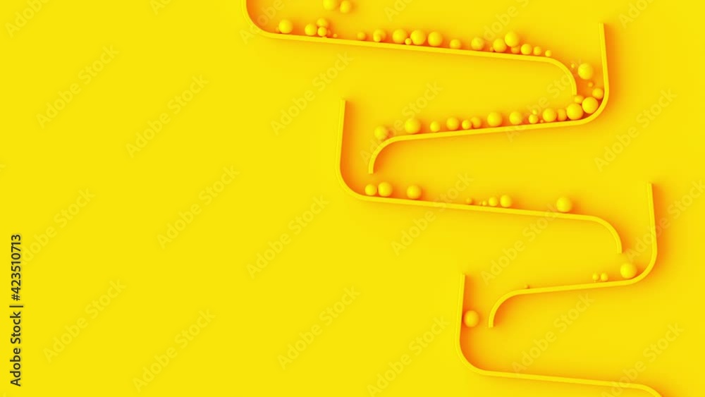 Small spheres roll in maze from top to bottom. Bright yellow animation of balls flow.