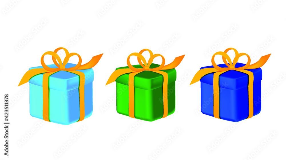 Set 3d gift box for birthday or party with ribbons. Vector