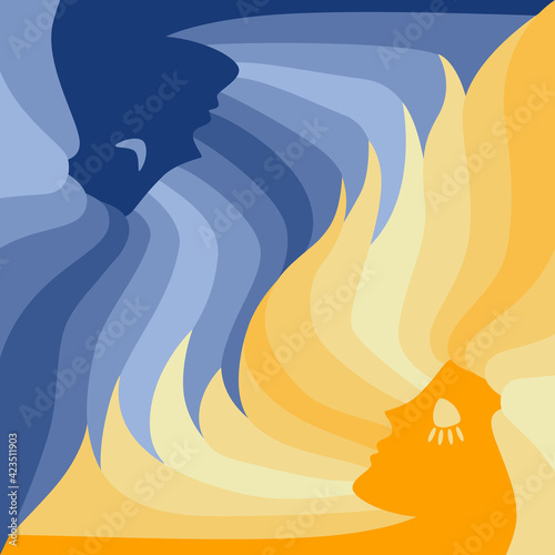 Two faces opposite each other. Could be a concept for the sun and moon, hot and cold, orange and blue, summer and winter, light and dark, day and night or similar.
