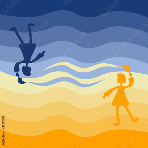 Two girls color the sky opposite each other. Could be a concept for the sun and moon, hot and cold, orange and blue, summer and winter, light and dark, day and night or similar.