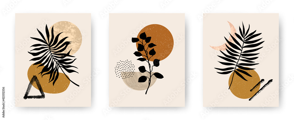 Vector set of modern aesthetic posters with abstract geometric stone textured shapes and plants. Contemporary boho art backgrounds in mid century style for print, home and wall decor, invitations Vector set of modern aesthetic posters with abstract geometric stone textured shapes and plants. Contemporary boho art backgrounds in mid century style for print, home and wall decor, invitations