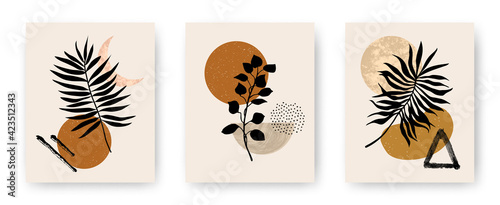 Vector set of modern aesthetic posters with abstract geometric stone textured shapes and plants. Contemporary boho art backgrounds in mid century style for print  home and wall decor  invitations