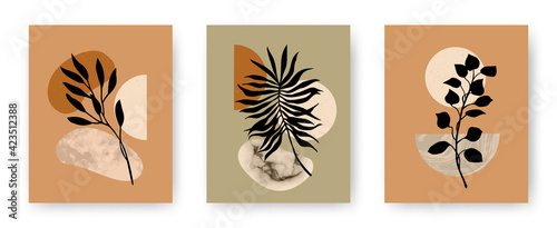Vector set of modern aesthetic posters with abstract geometric stone textured shapes and plants. Contemporary boho art backgrounds in mid century style for print  home and wall decor  invitations