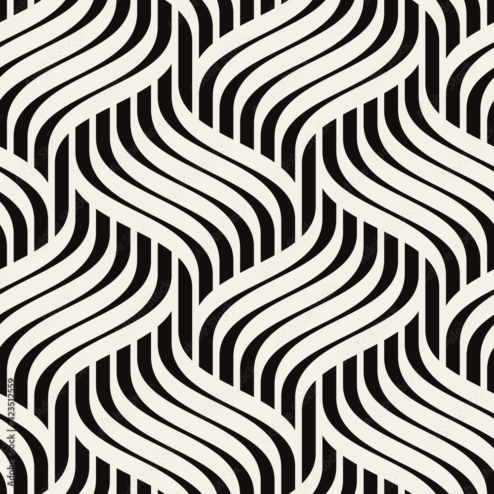 Seamless pattern with geometric waves. Endless stylish texture. Ripple monochrome background. Linear weaved grid. Thin interlaced swatch.