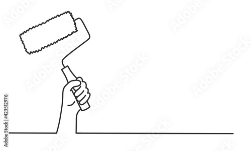 Human hand holds paint roller. Hand drawn vector illustration.