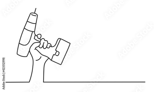 Human hand holds drill. Hand drawn vector illustration.