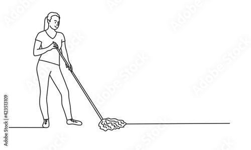 Fotografia Young woman washes the floor. Hand drawn vector illustration.