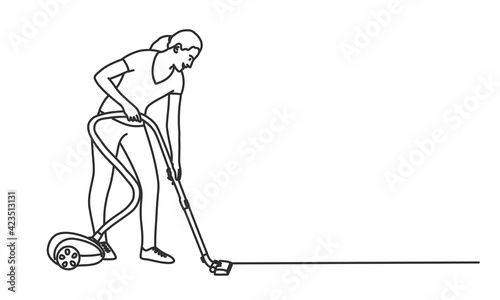 Young girl vacuums the room. Hand drawn vector illustration.