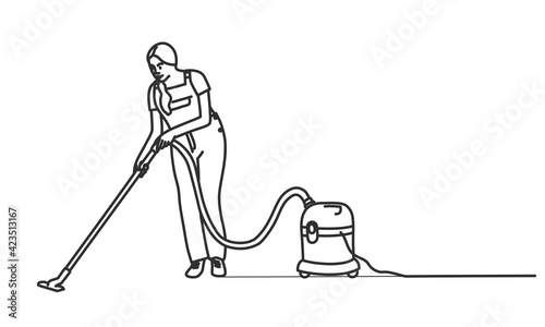 Young woman in overalls vacuums the room. Hand drawn vector illustration.