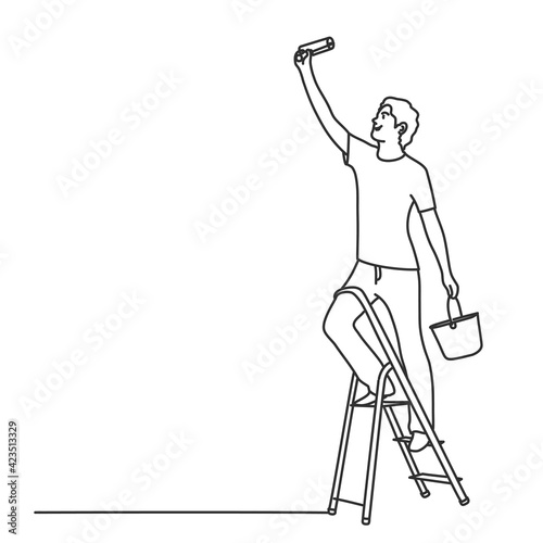 Young man with a bucket on a stepladder paints the ceiling. Hand drawn vector illustration.