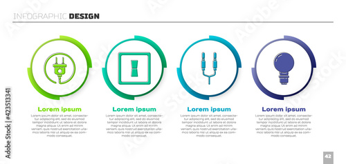 Set Electric plug, Electric light switch, Audio jack and Light bulb with concept of idea. Business infographic template. Vector