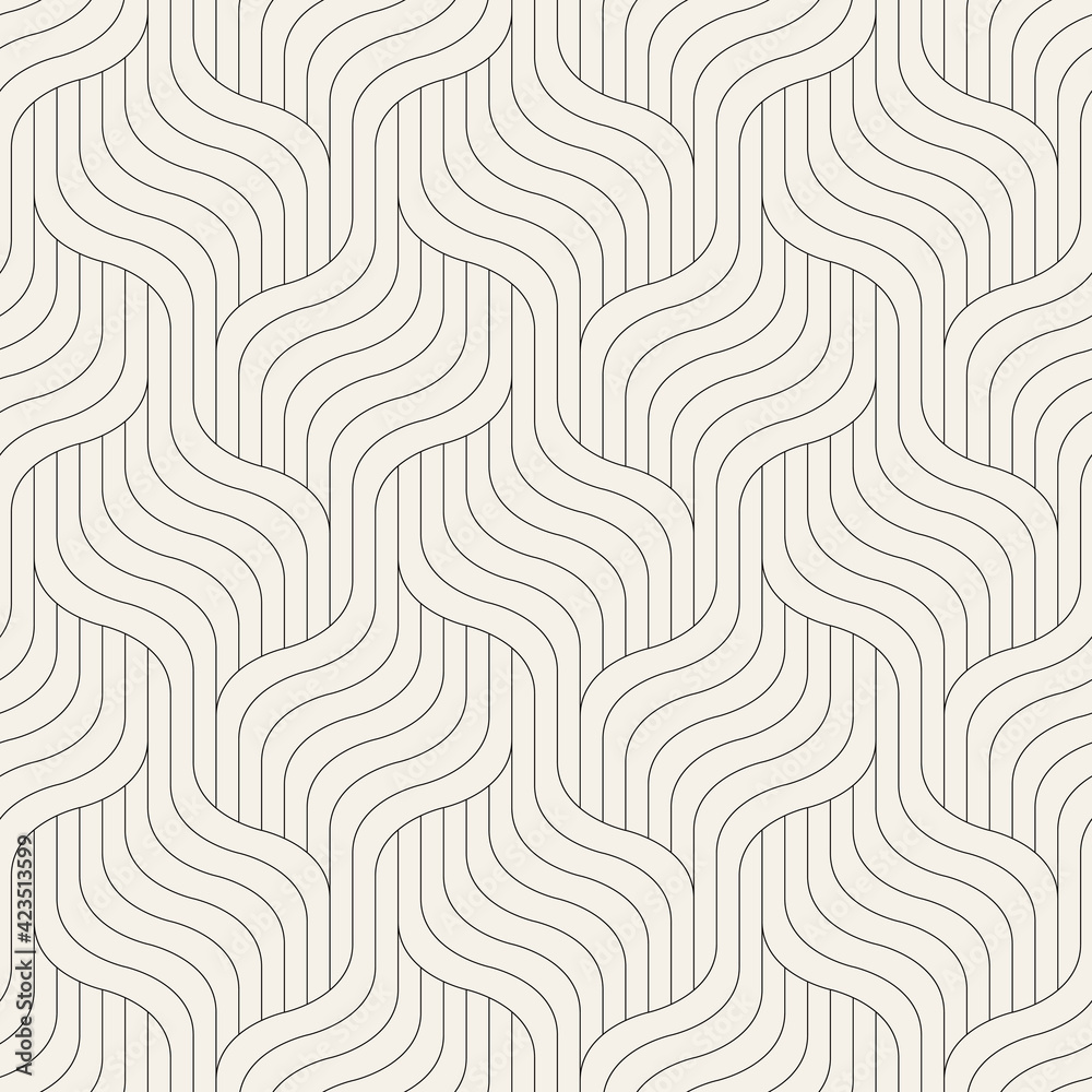 Seamless pattern with geometric waves. Endless stylish texture. Ripple bold monochrome background. Linear weaved grid. Thin interlaced swatch.