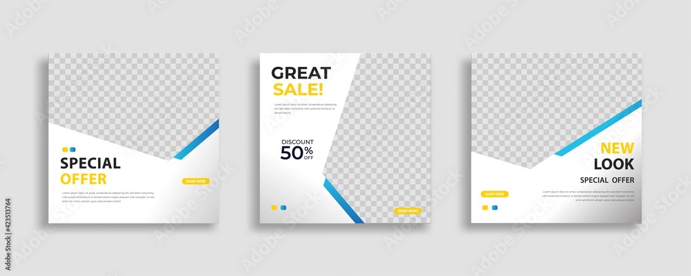 Set of Editable minimal square banner template. Blue white background color with geometric shapes for social media post and web internet ads. Vector illustration Set of Editable minimal square banner template. Blue white background color with geometric shapes for social media post and web internet ads. Vector illustration