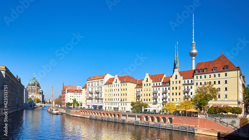 Riverside with old houses in East Center of Berlin, Germany, tex