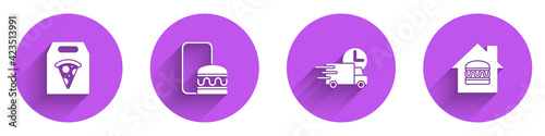 Set Online ordering pizza delivery, and, Fast by car and icon with long shadow. Vector