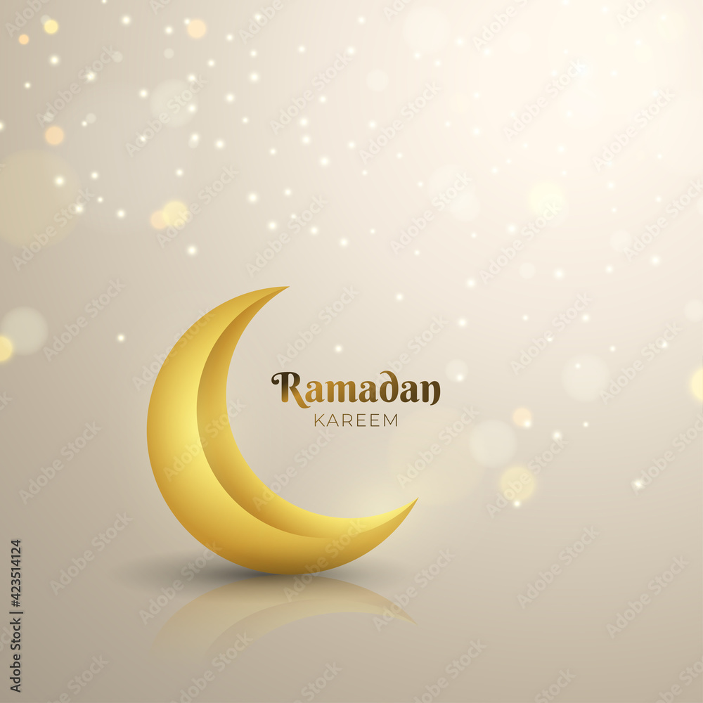 Beautiful Ramadan Kareem background design with golden crescent moon and glitter particles. Illustration of realistic 3D Islamic greeting card on the floor Beautiful Ramadan Kareem background design with golden crescent moon and glitter particles. Illustration of realistic 3D Islamic greeting card on the floor