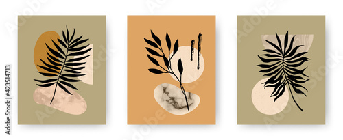 Vector set of modern aesthetic posters with abstract geometric stone textured shapes and plants. Contemporary boho art backgrounds in mid century style for print, home and wall decor, invitations